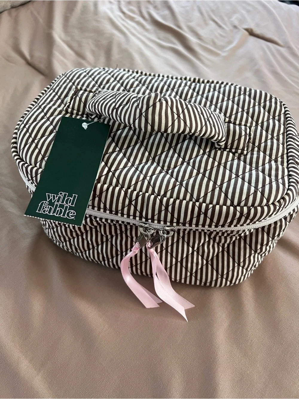 wild fable Brown & Cream Quilted Stripe Cosmetic Case with Pink Ribbon Zips